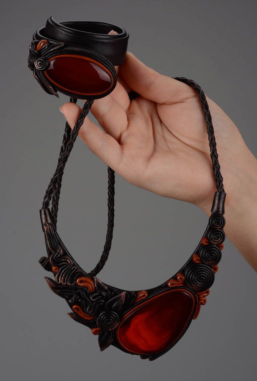 Jewelry set made of genuine leather and cow horn photo 4