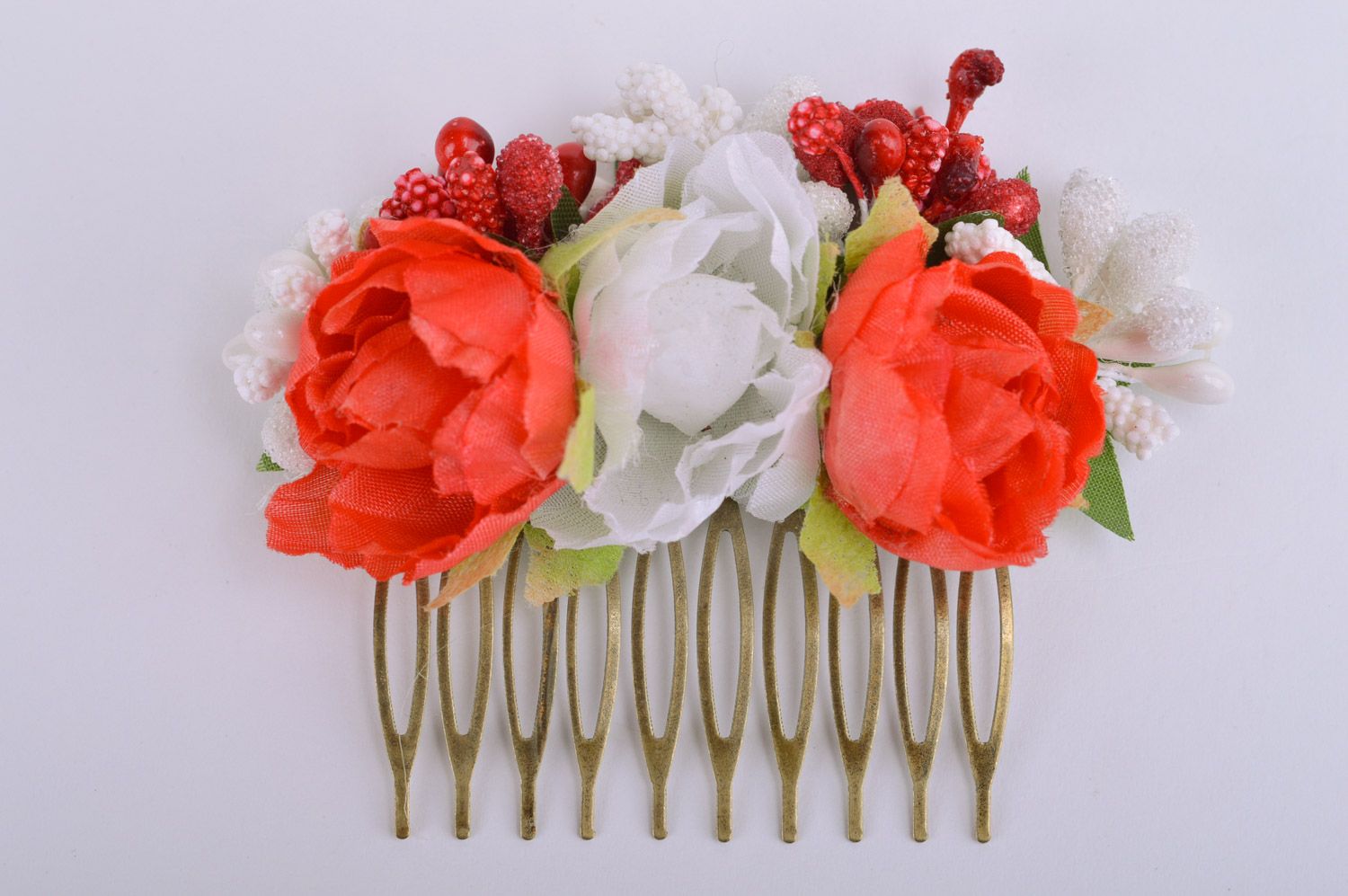 Handmade beautiful metal hair comb with red and white flowers and berries photo 2