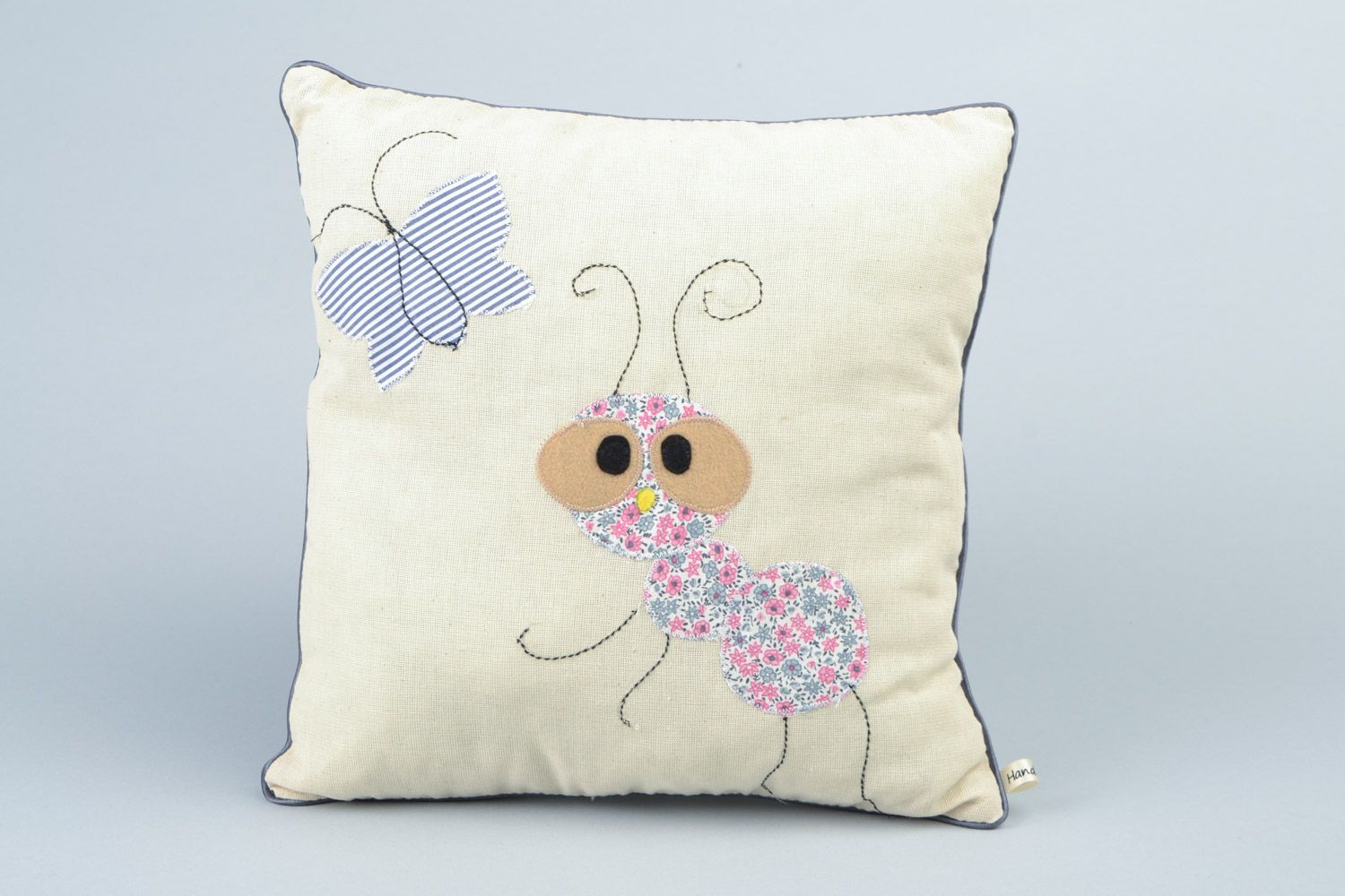 Handmade small decorative white accent pillow with applique work Ant photo 1