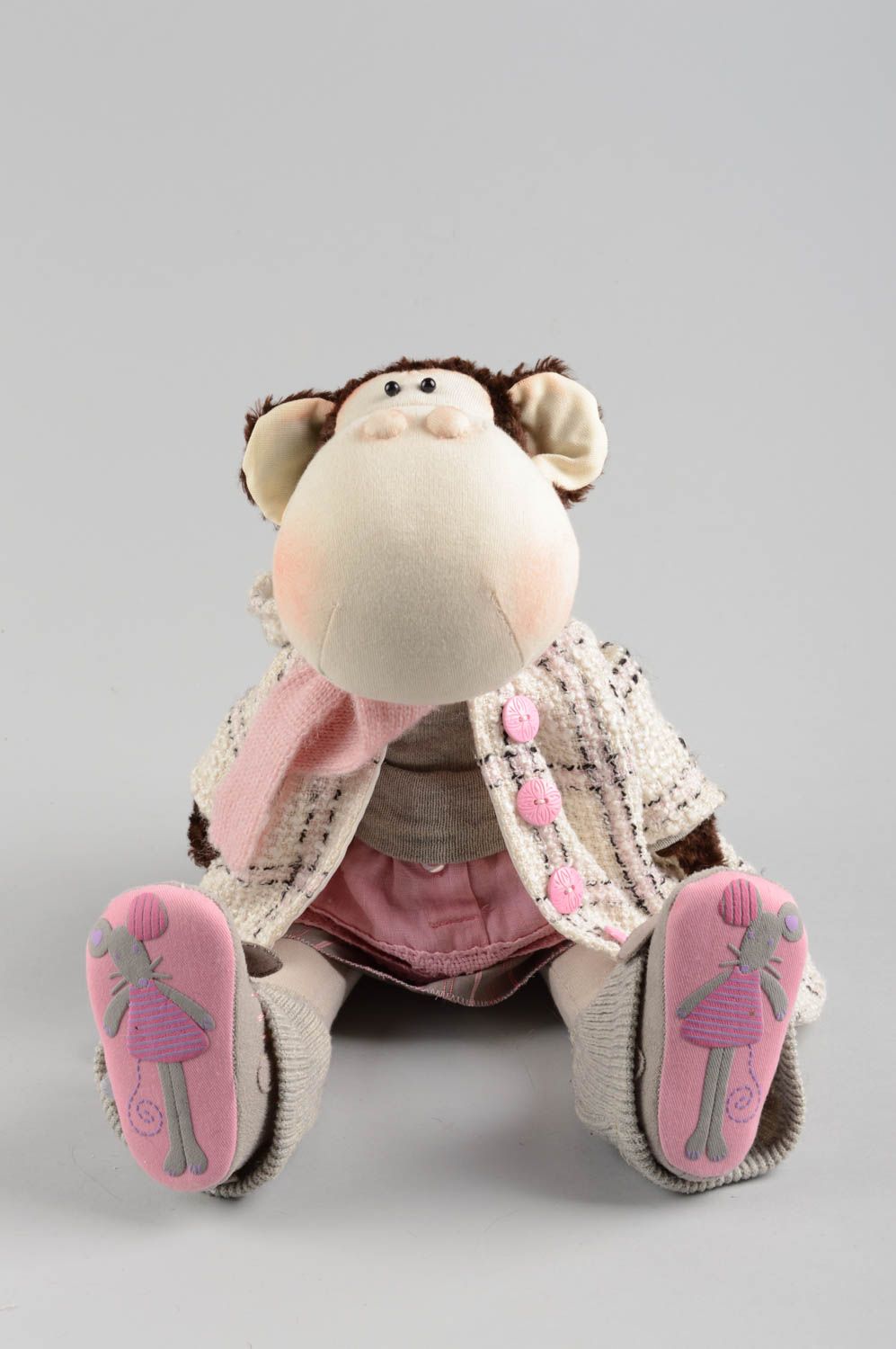 Handmade designer soft toy sewn of linen fabric stylish monkey in coat photo 4