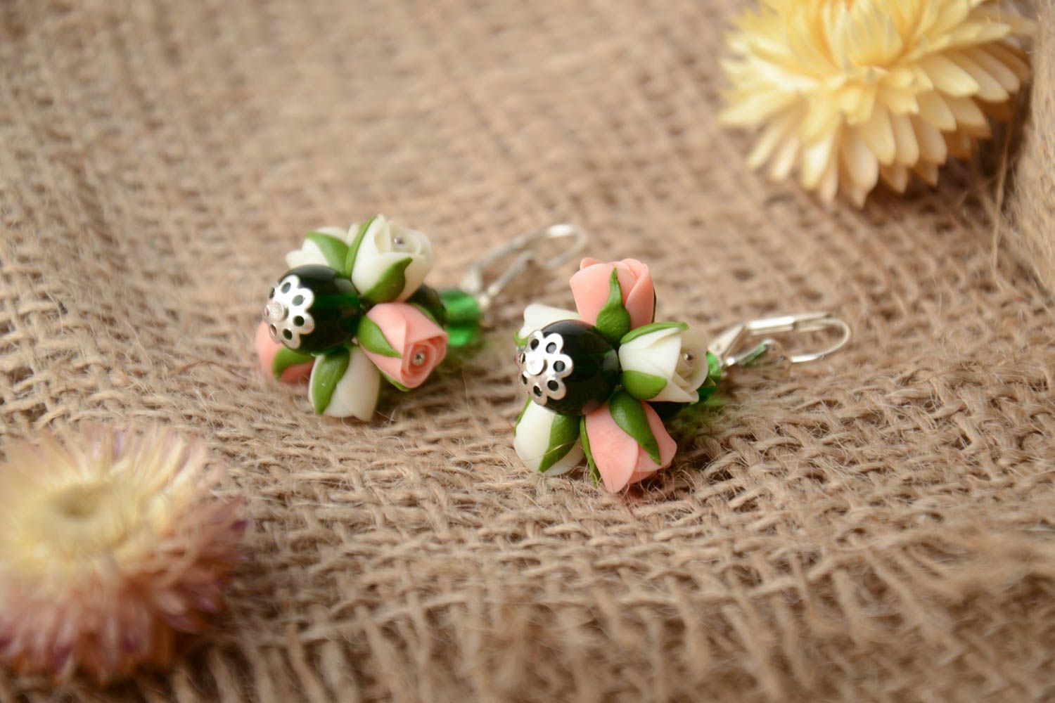 Handmade tender dangling earrings with cold porcelain white and pink rose flowers photo 1
