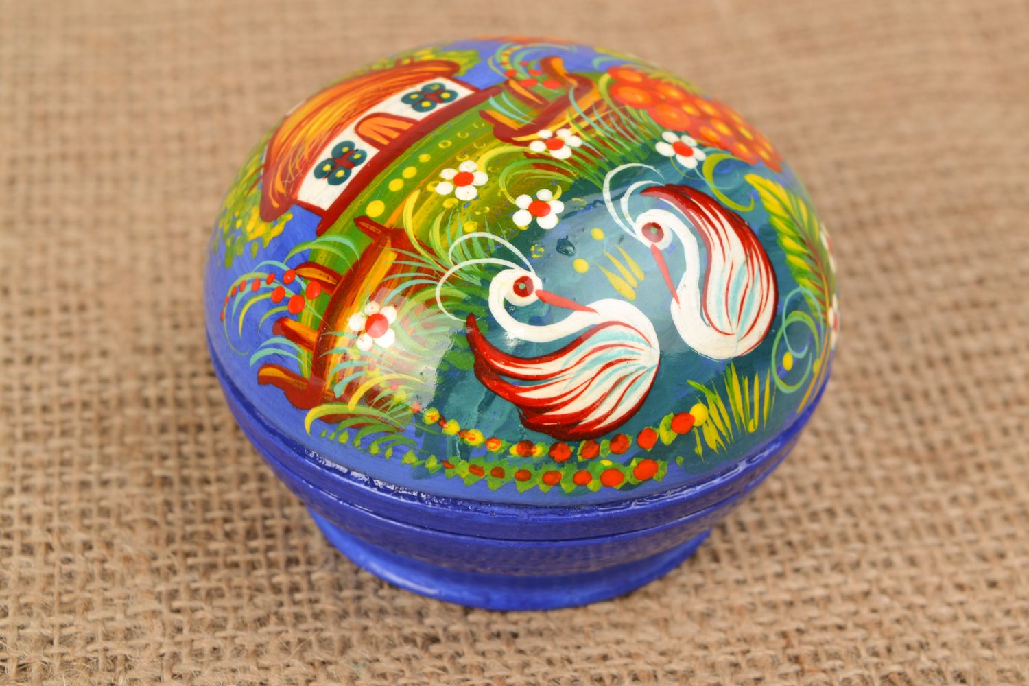 Handmade round wooden jewelry box with removable lid with Petrikivka painting photo 1