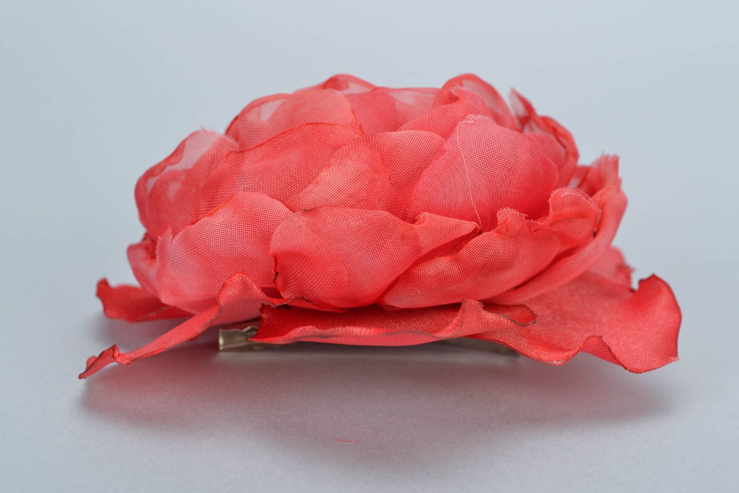 Beautiful handmade volume textile flower hair clip of pink color photo 5