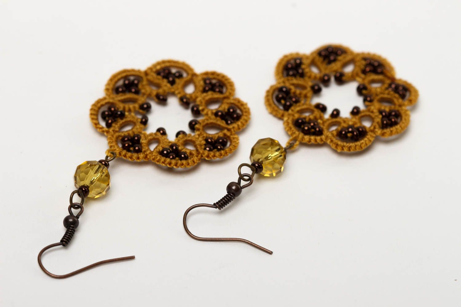 Unusual handmade woven earrings beaded earrings tatting accessories for girls photo 4