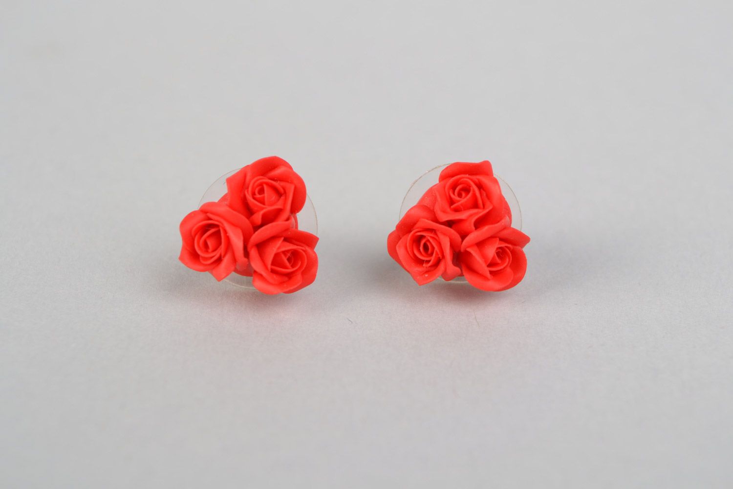 Cute tiny handmade stud earrings with beautiful polymer clay red roses  photo 3