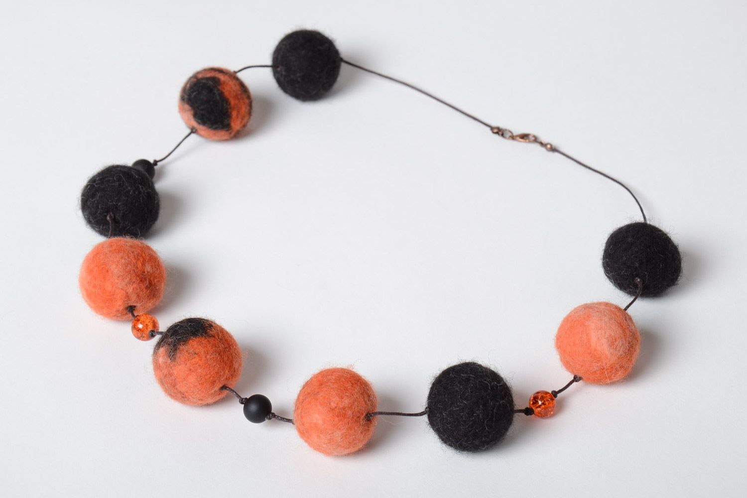 Orange and black handmade large felted wool ball necklace photo 2