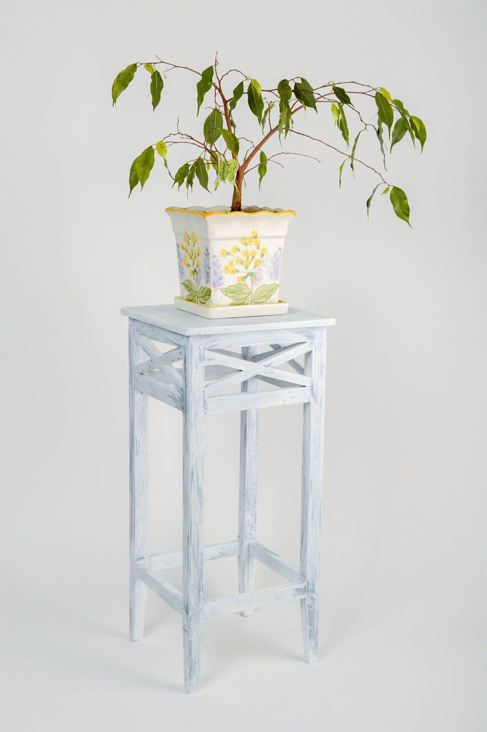 Support pour pot de fleurs en bois de pin fait main bleu clair décoratif photo 1
