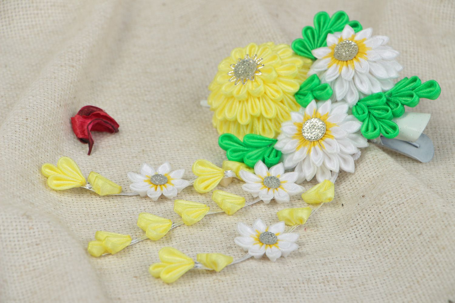 Kanzashi hair clip hand made of satin ribbons in green yellow and white colors photo 5