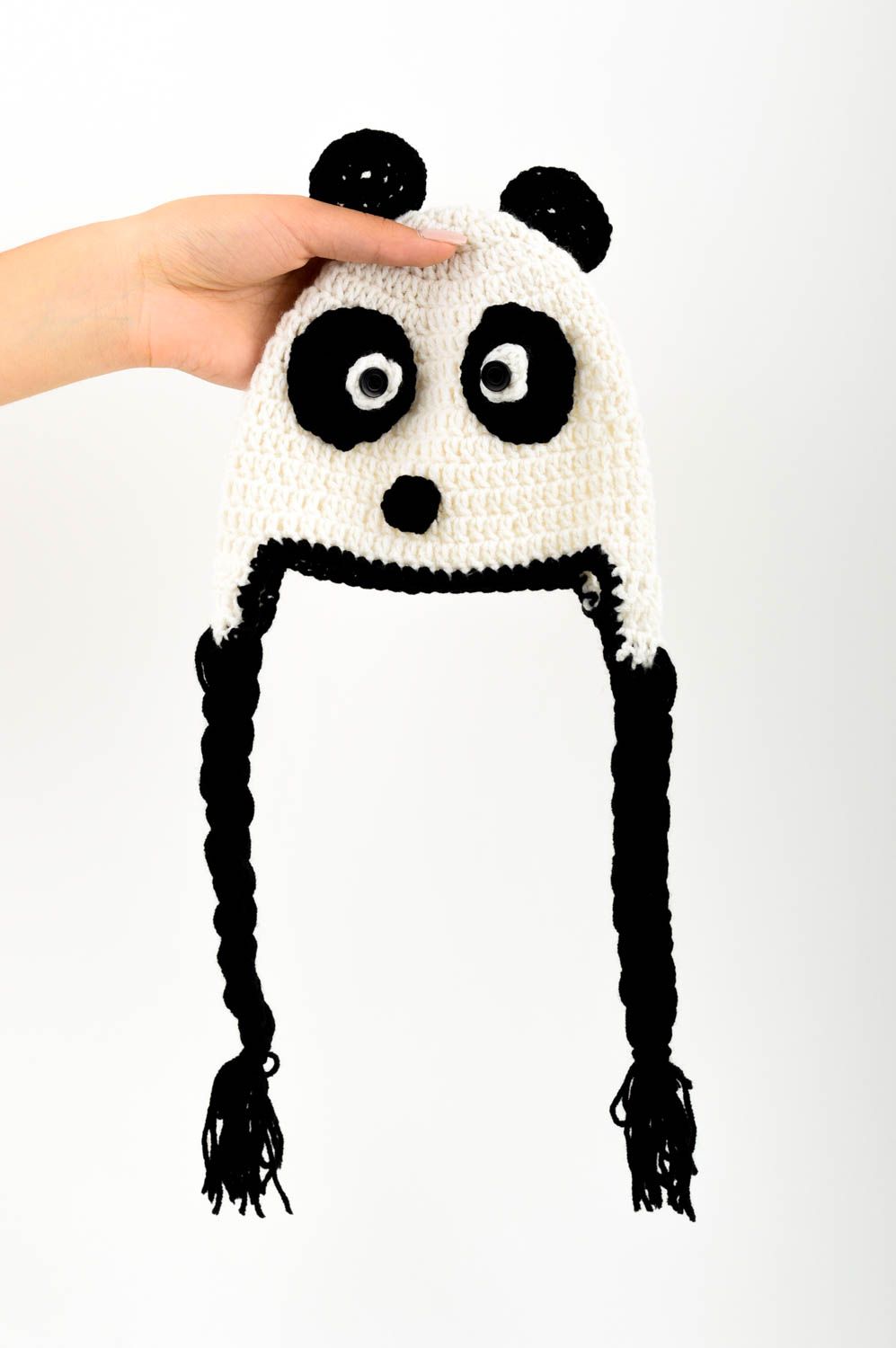 Bonnet panda fait main Vêtement enfant tricoté avec cordelettes Cadeau original photo 2