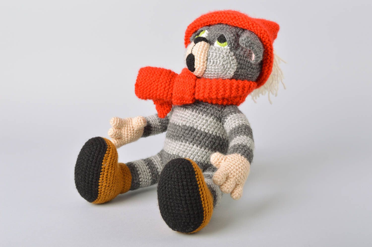 Handmade designer crochet toy striped gray cat in red hat and scarf photo 2
