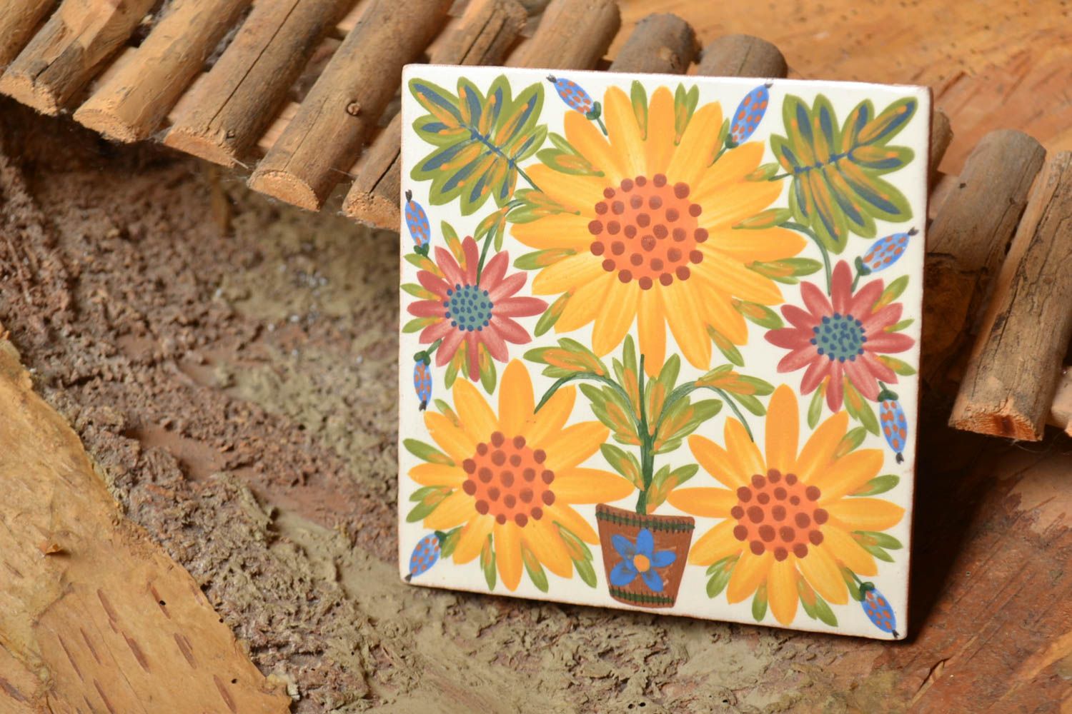 Handmade dekorative Wandplatte aus Ton mit Blumenmuster originell Sonnenblumen foto 1