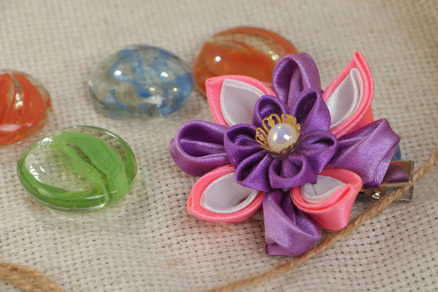 Handcrafted unique bobby pin made of satin ribbon in the form of a flower photo 1