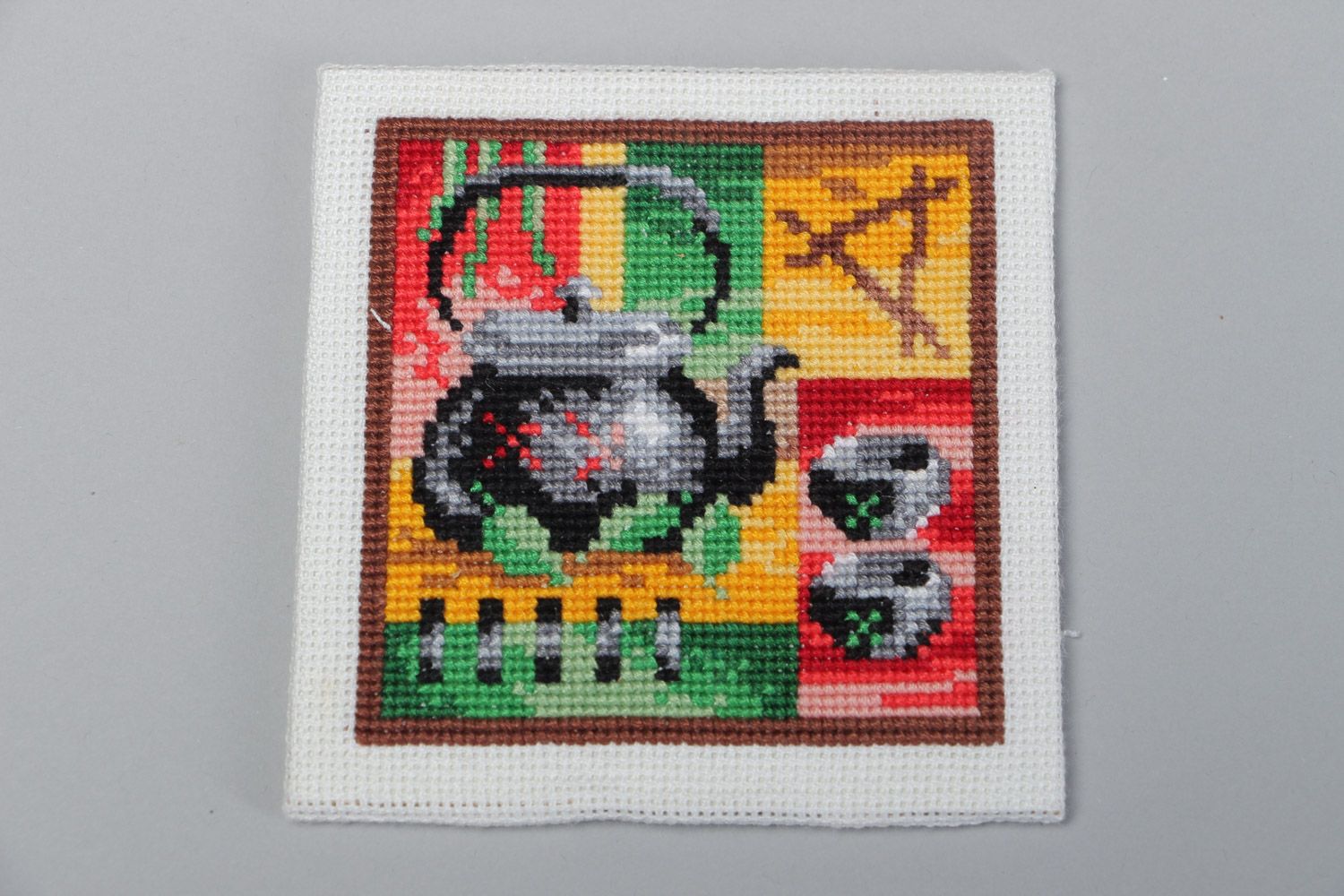 Handmade small square abstract colorful picture with cross stitch embroidery  photo 2
