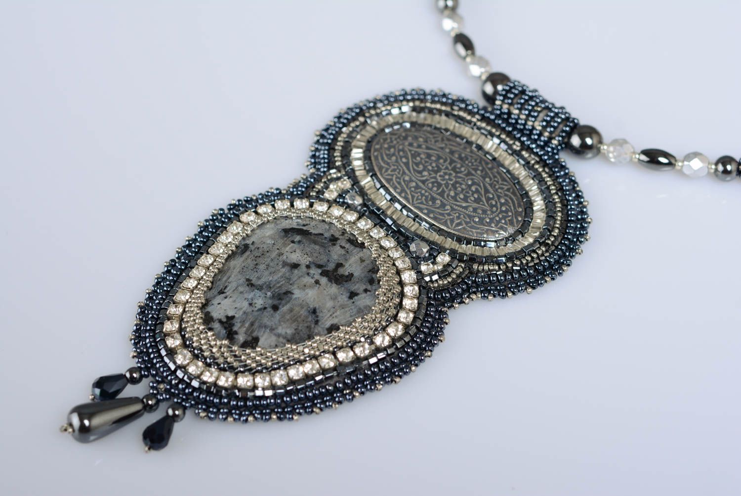 Large beaded handmade dark necklace with natural larvikite stone  photo 2