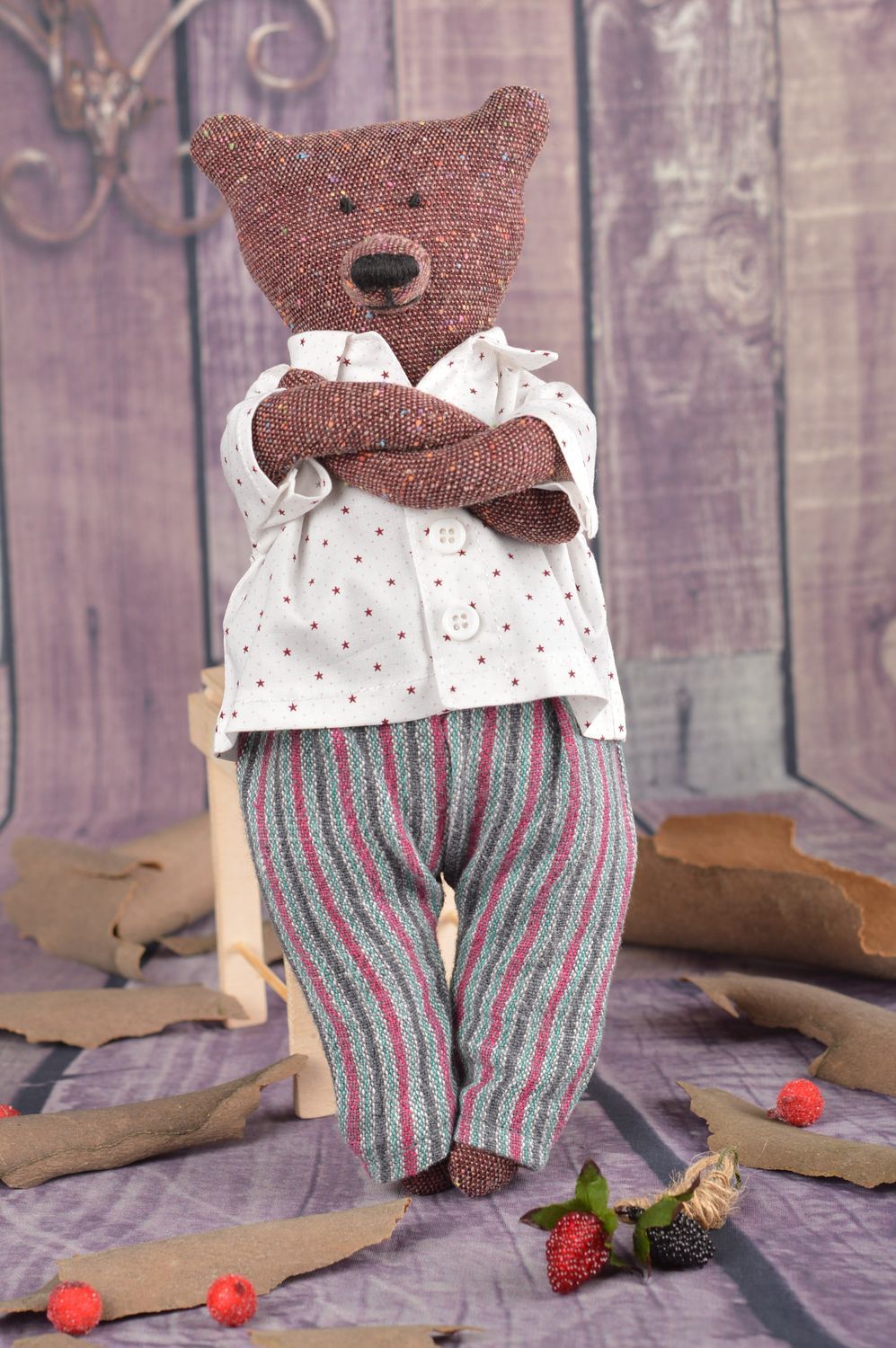 Doudou ours brun Jouet fait main en tissu orginal amusant Cadeau pour enfant photo 1