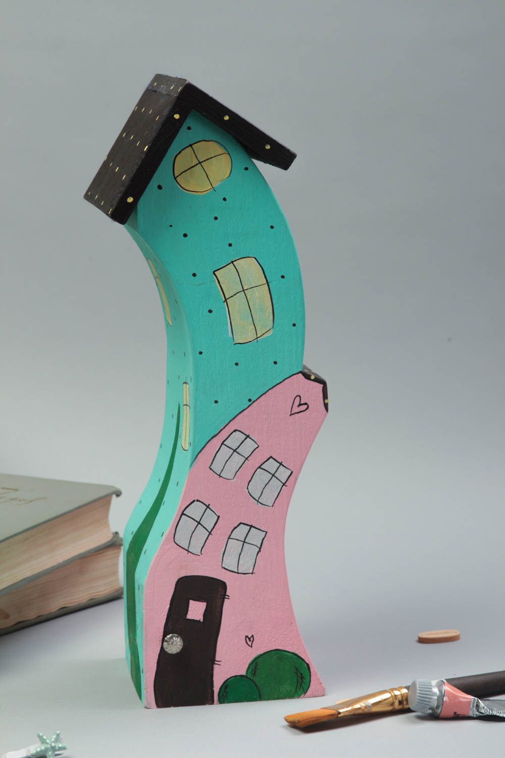 Holz Haus handmade Deko Figur ausgefallene Geschenke Tisch Deko farbenreich foto 1