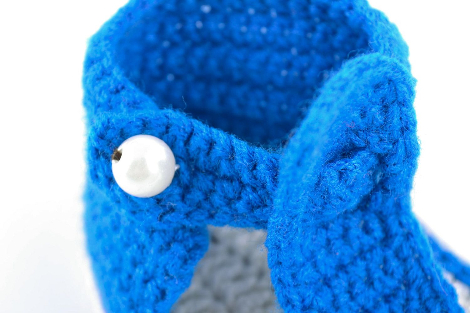 Beautiful handmade knitted baby booties of blue and white colors for boy photo 3