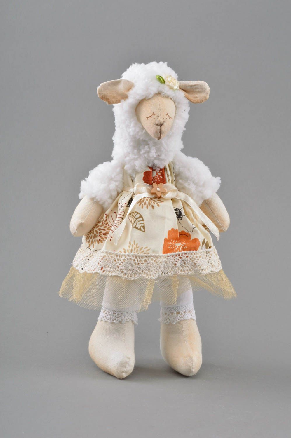 Handmade soft toy lamb in dress designer stuffed toy made of natural fabrics photo 1