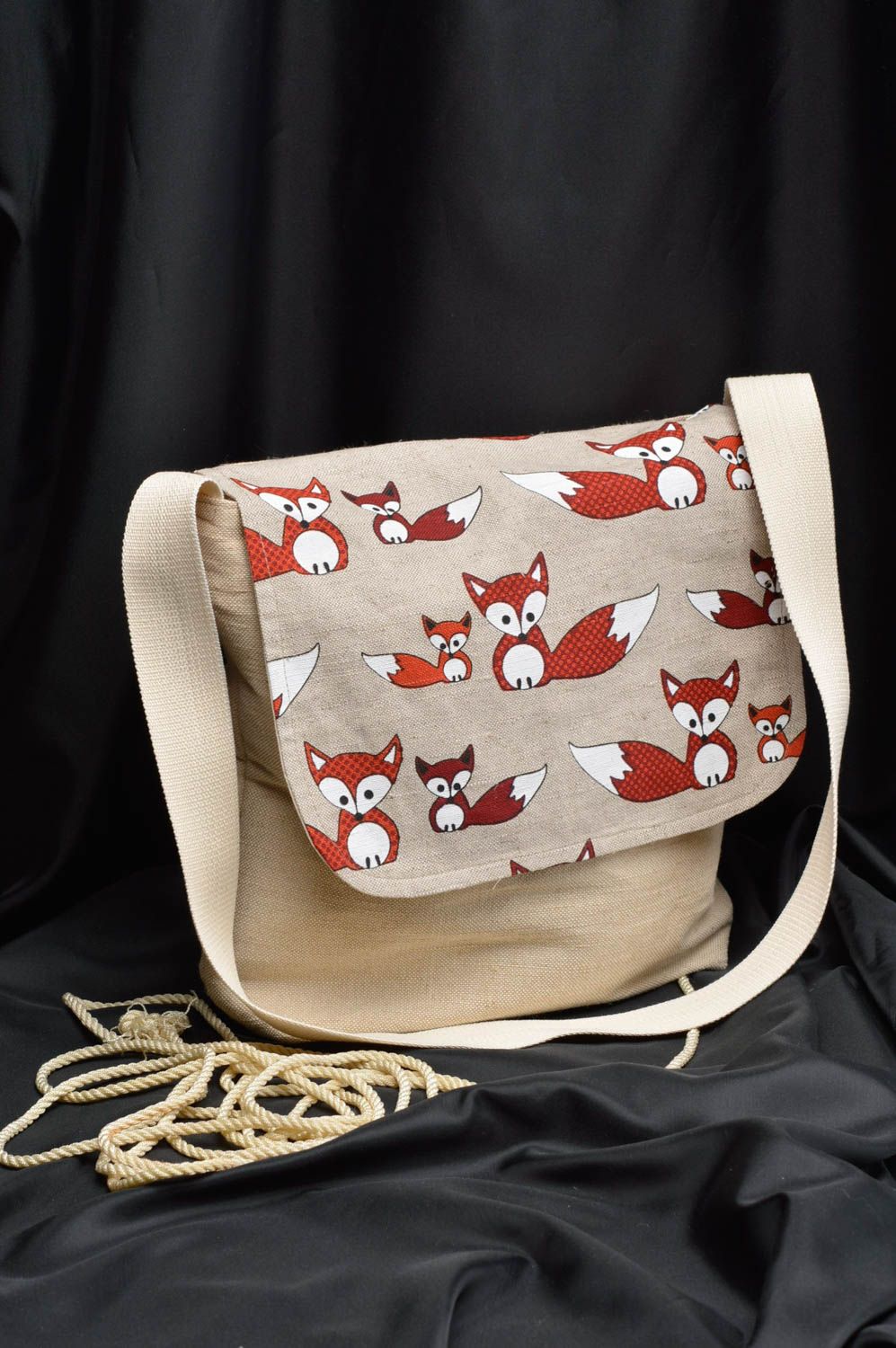 Sac en tissu de lin et coton avec imprimé renards fait main pour femme photo 1
