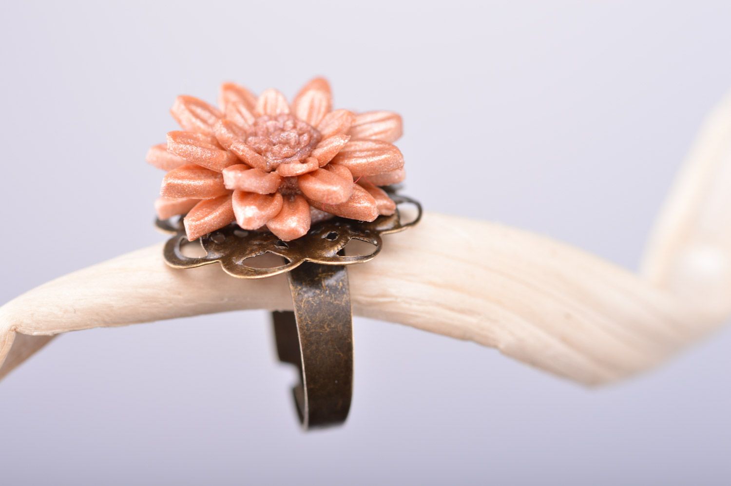Tender beautiful handmade ring with flower molded of polymer clay for women photo 1