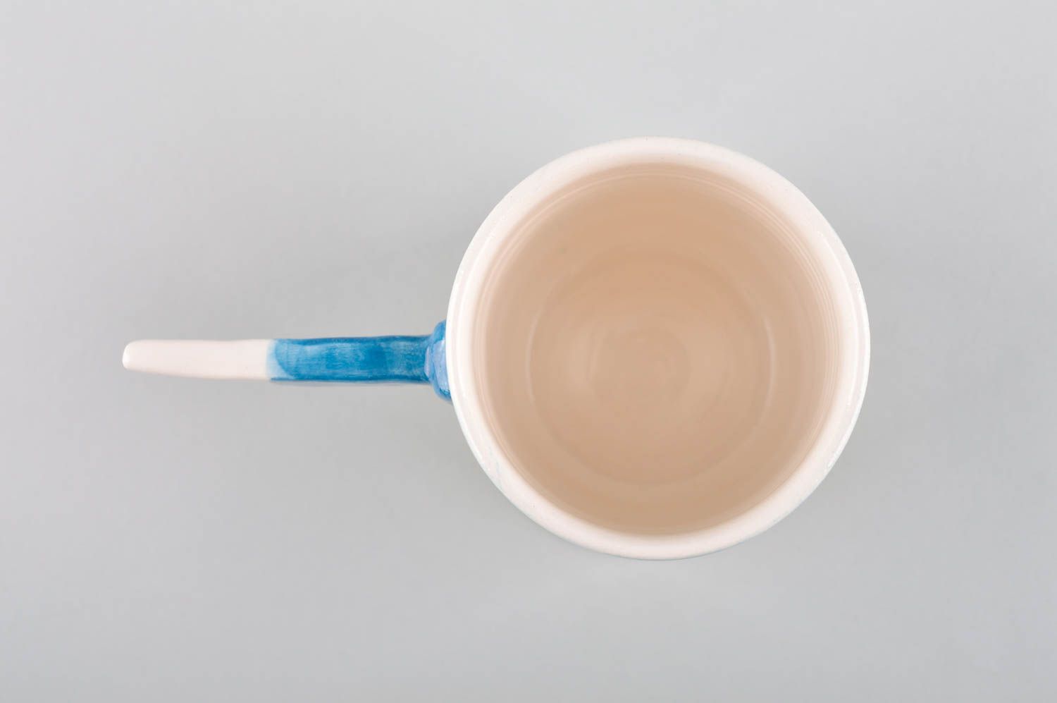 Art ceramic glazed white and blue coffee mug with stick shape handle photo 4