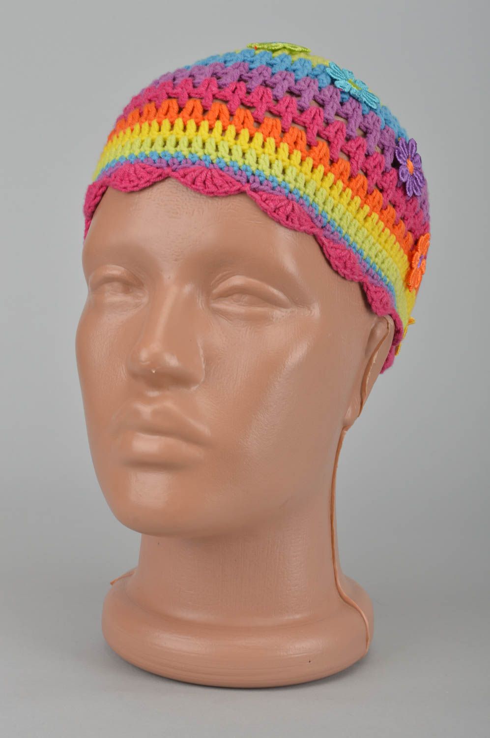 Bright crocheted cap handmade spring cap children cap designer headwear for kids photo 1