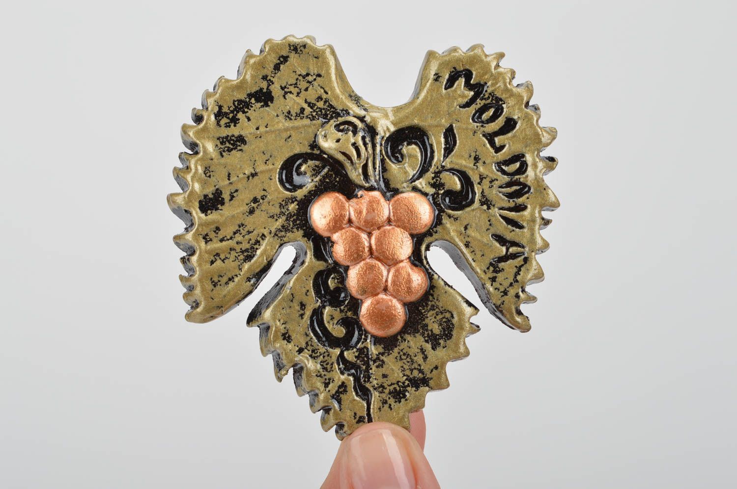 Handmade unusual designer ceramic fridge magnet in shape of grapes leaf photo 3