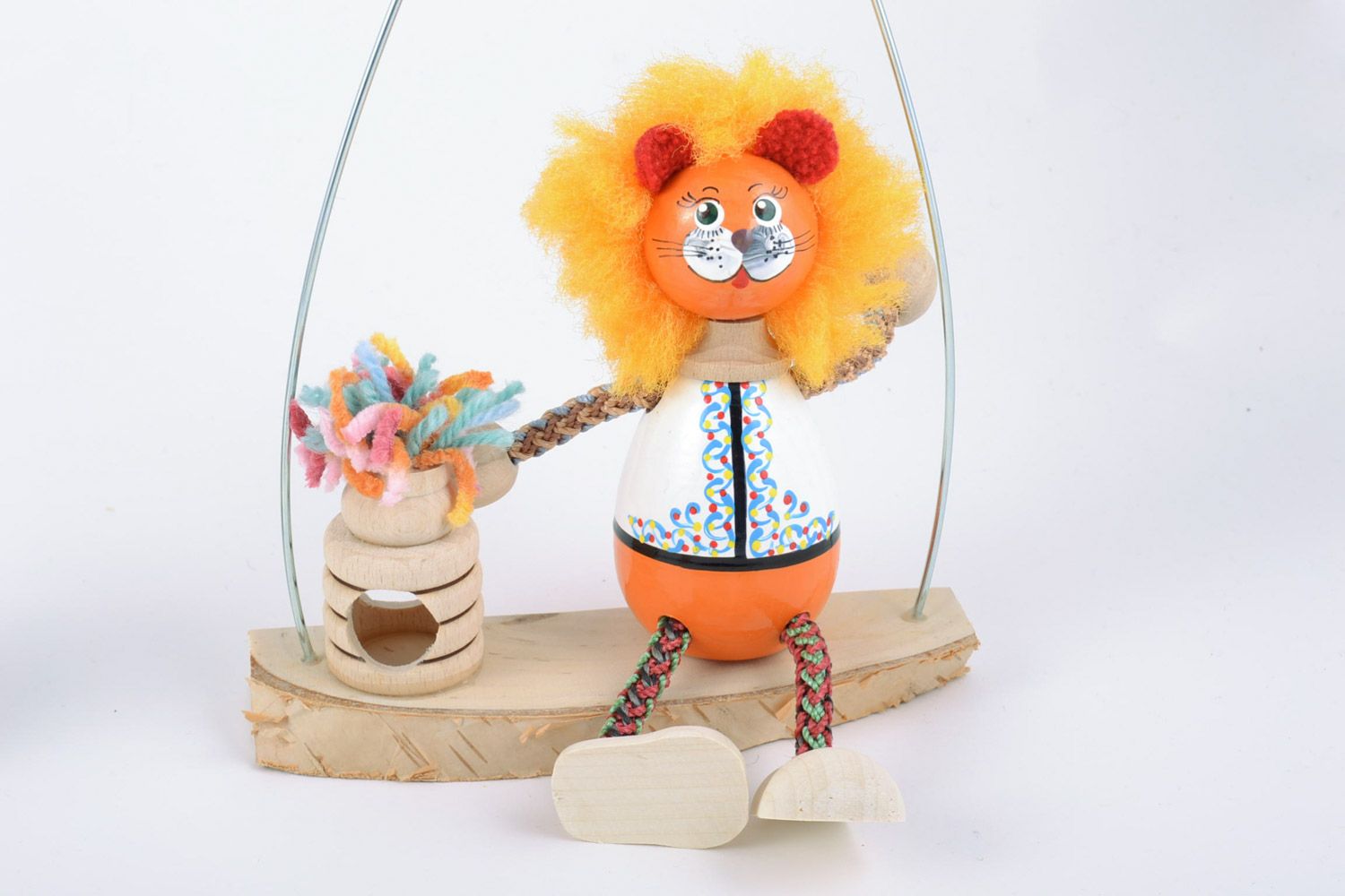 Collectible handmade painted wooden eco toy lion on bench with spring for children photo 4