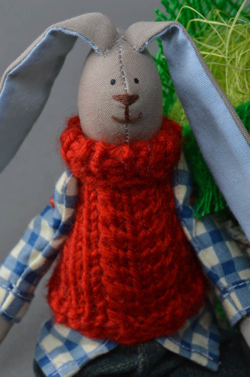 Handmade small fabric soft toy rabbit in red knit vest and checkered shirt photo 3