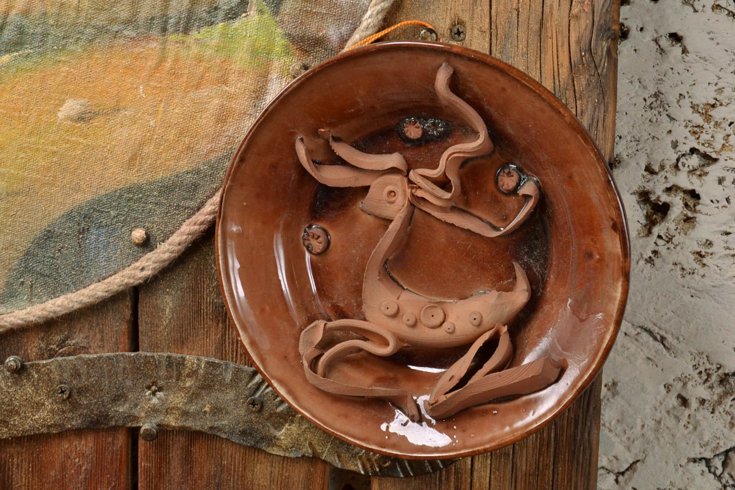 Handmade designer molded ceramic wall plate covered with glaze Deer photo 1
