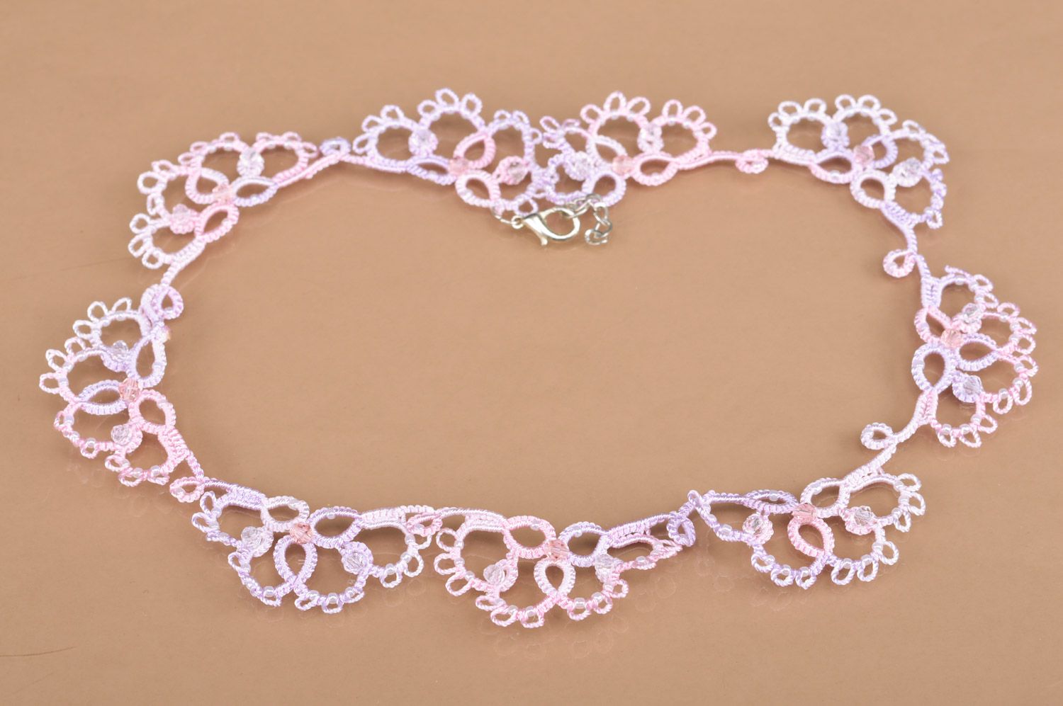 Handmade gentle woven tatting necklace of pastel colors photo 3