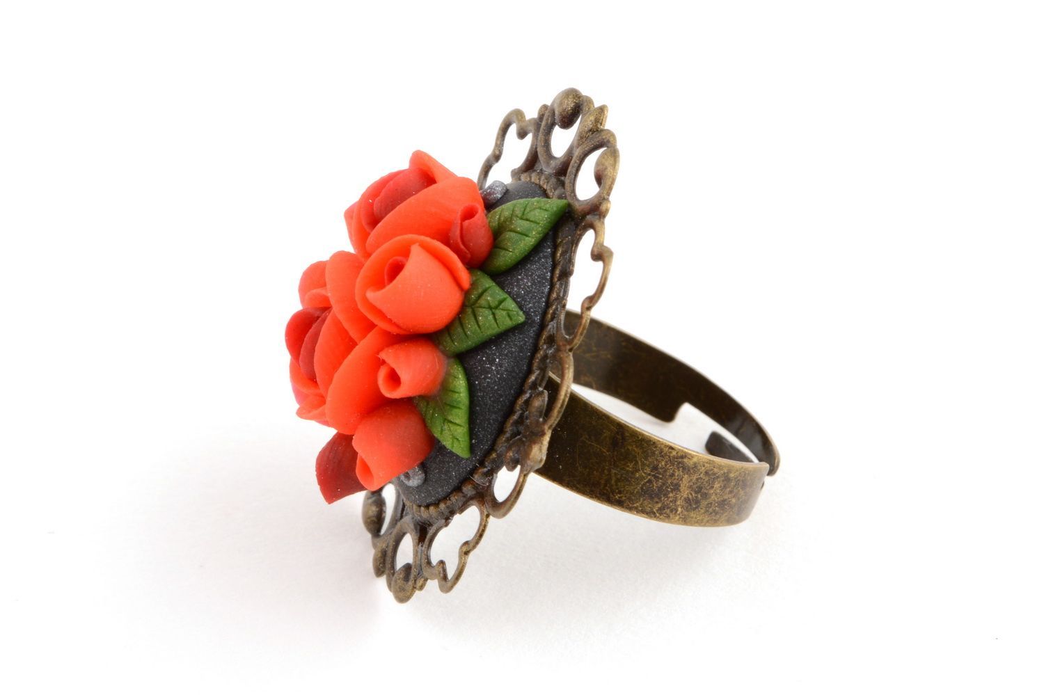 Handmade jewelry ring with fancy metal basis and red polymer clay flower photo 3