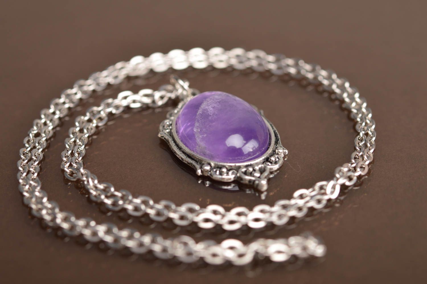 Beautiful women's homemade metal neck pendant with lilac stone and long chain photo 2