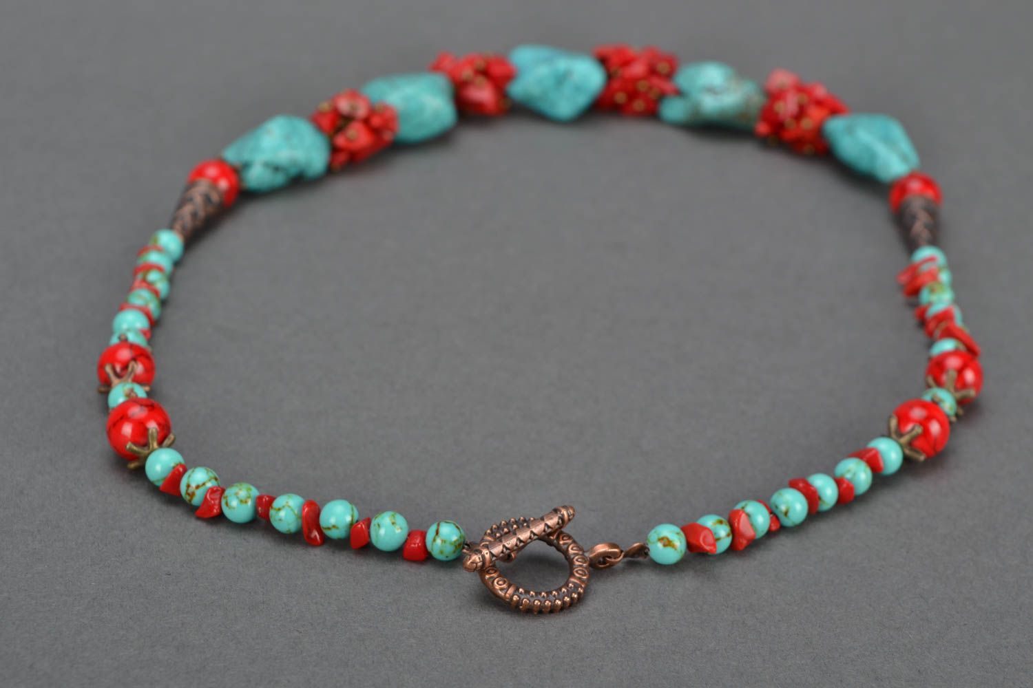 Natural stone necklace of red and turquoise colors photo 5