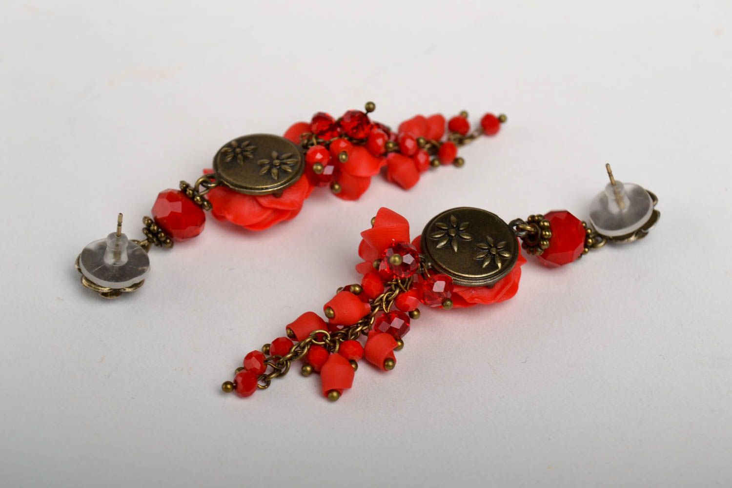 Handmade elegant red earrings stylish dangling earrings polymer clay jewelry photo 4