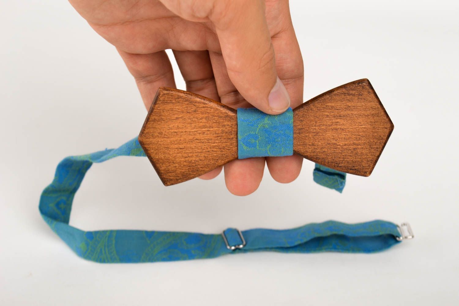 Corbata de lazo azul de madera artesanal pajarita moderna accesorio unisex foto 5