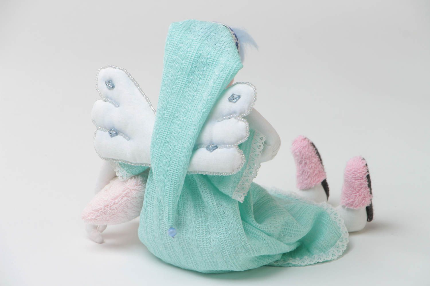 Handmade designer cotton fabric soft toy sleepy angel in blue dress and hat photo 4