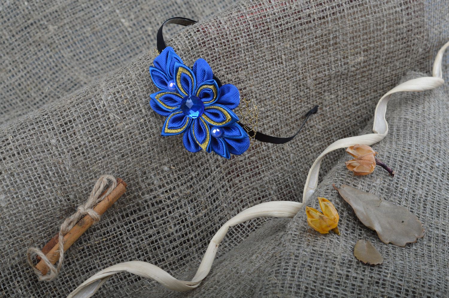 Handmade headband with bright blue flower created of ribbons Forget-me-not photo 5