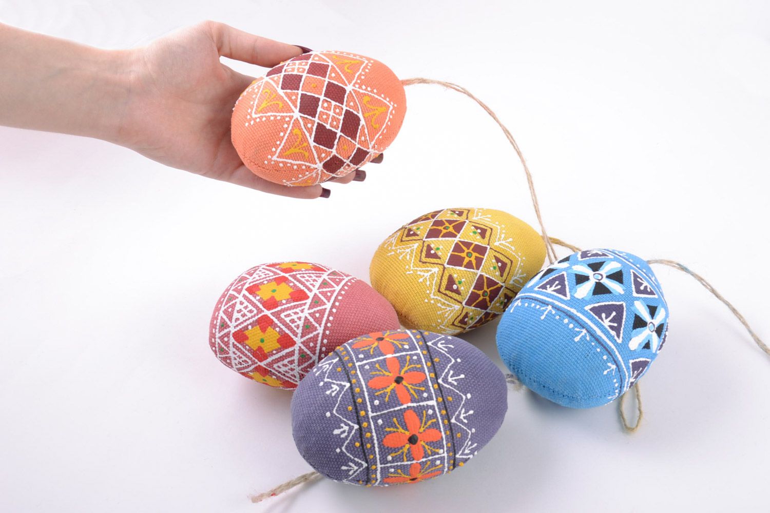 Set of 5 handmade decorative colorful soft ornamented Easter eggs sewn of fabric photo 5