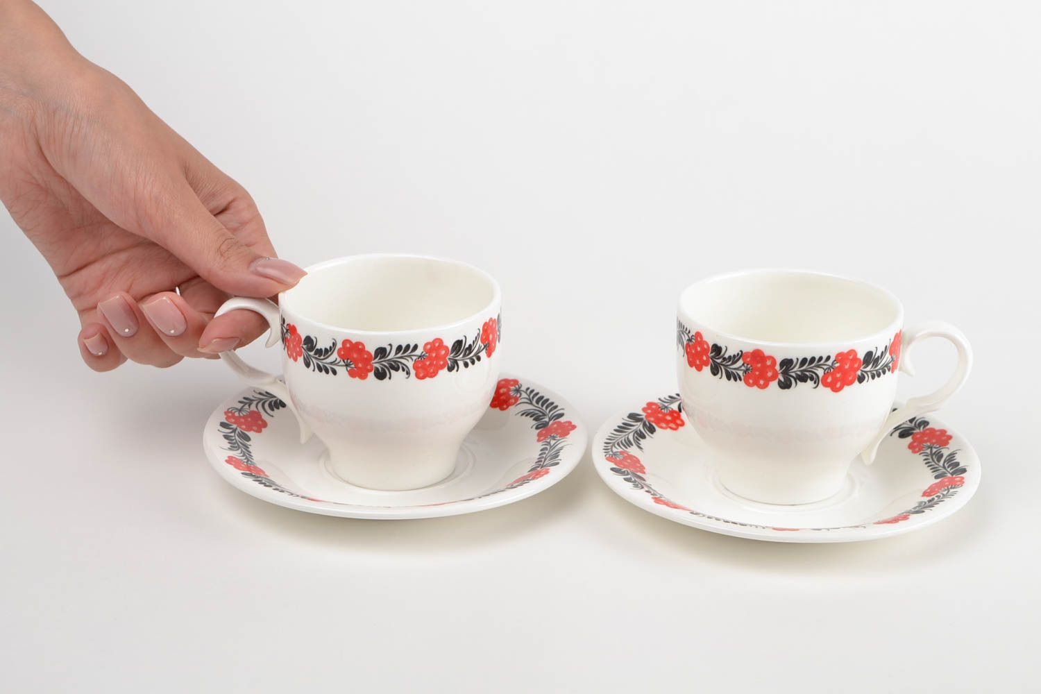 Набор чашек с блюдцами ручной работы с Петриковской росписью для быта и декора фото 2
