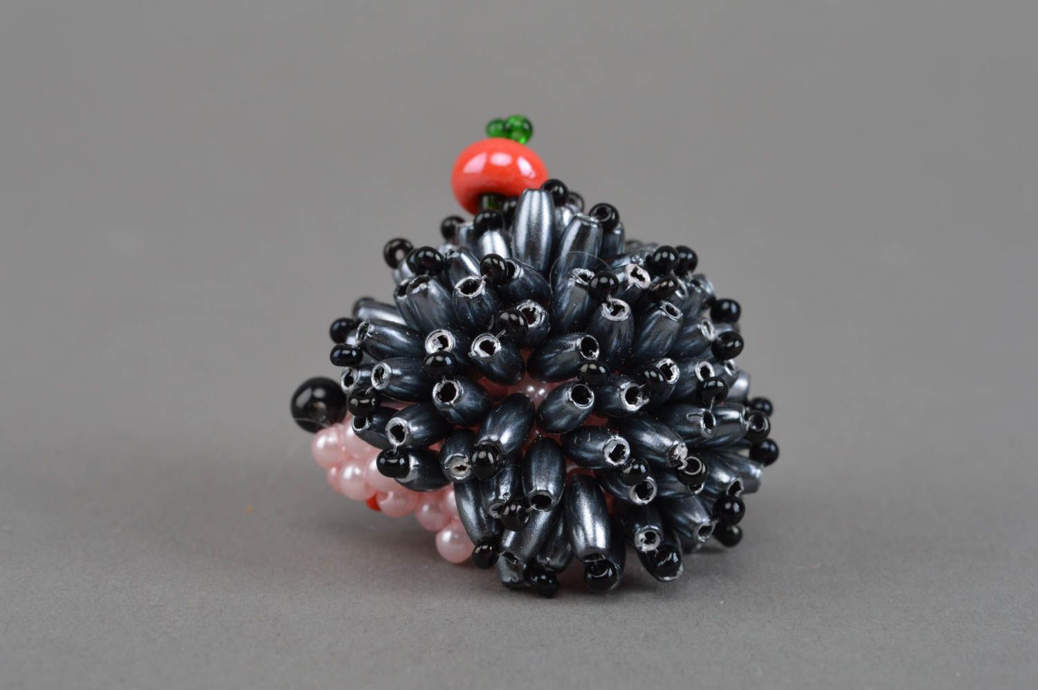 Beautiful small handmade statuette woven of beads Black Hedgehog room decor photo 3