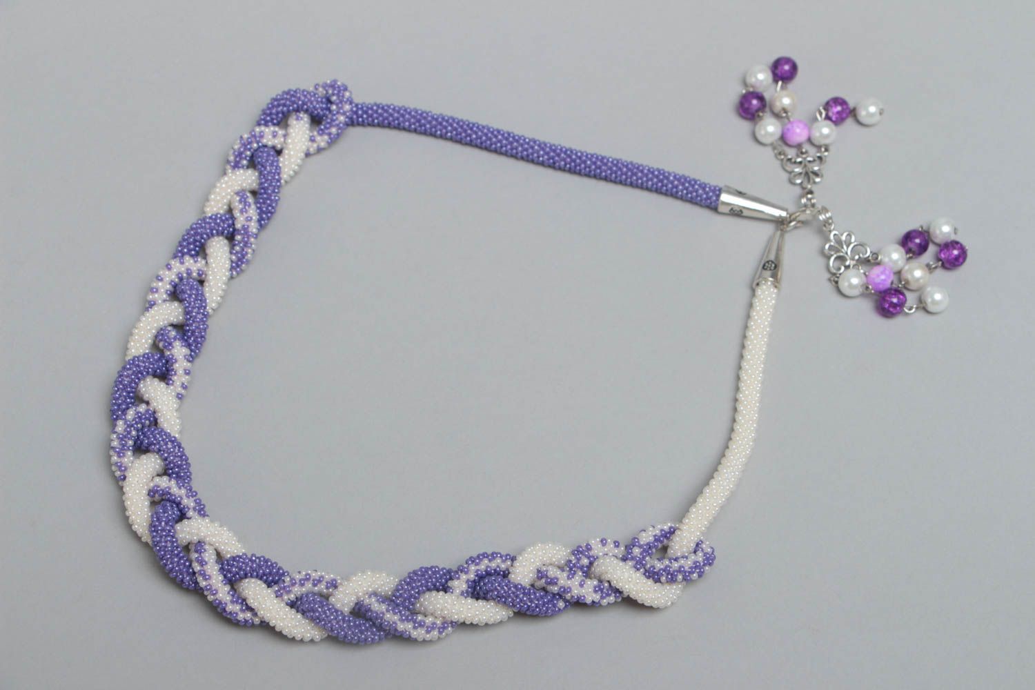 Lilac and white handmade braided beaded lariat necklace designer jewelry photo 2