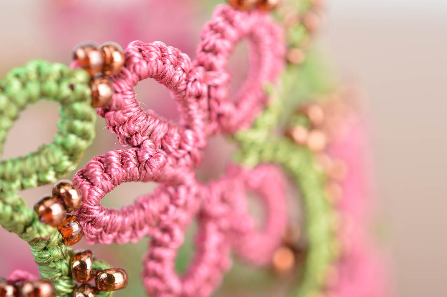 Green and pink handmade designer tatted lace bracelet with beads for girls photo 4