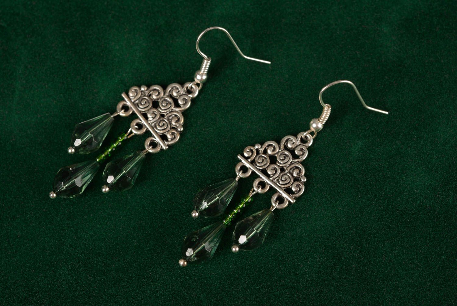 Metal earrings with green glass beads handmade jewelry in oriental style photo 1