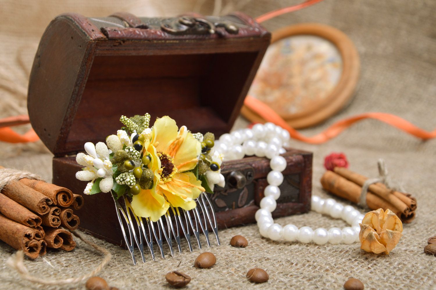 Handmade decorative metal hair comb with white and yellow fabric flowers photo 1