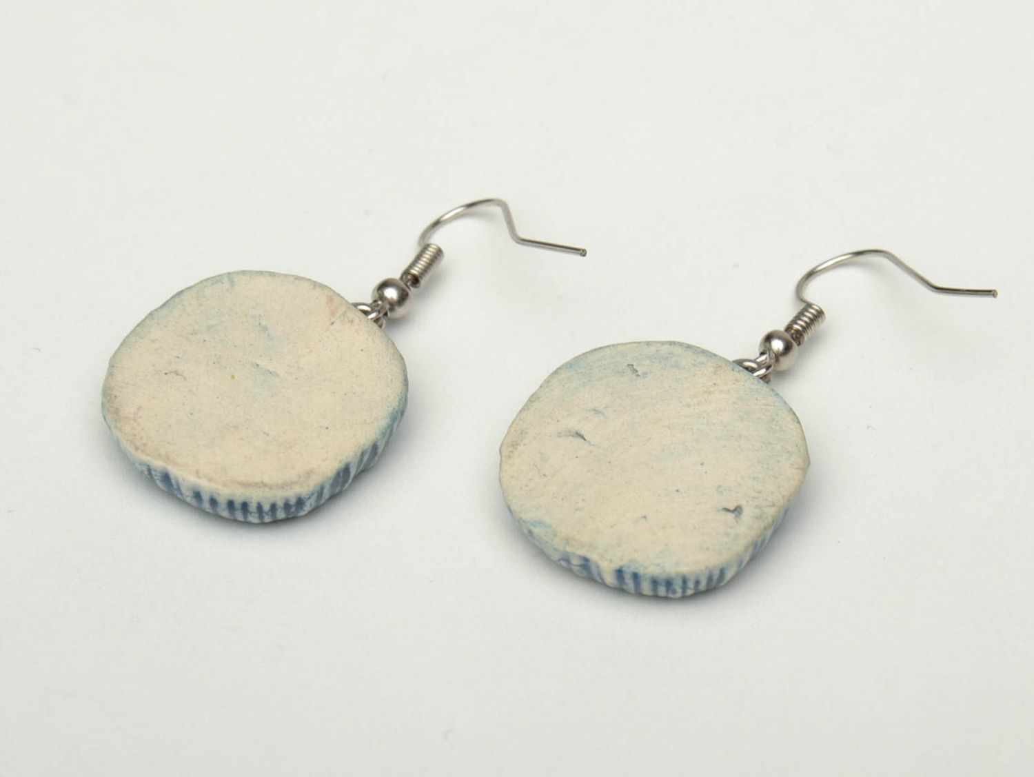 Handmade ceramic earrings with enamel painting of blue and white colors photo 4