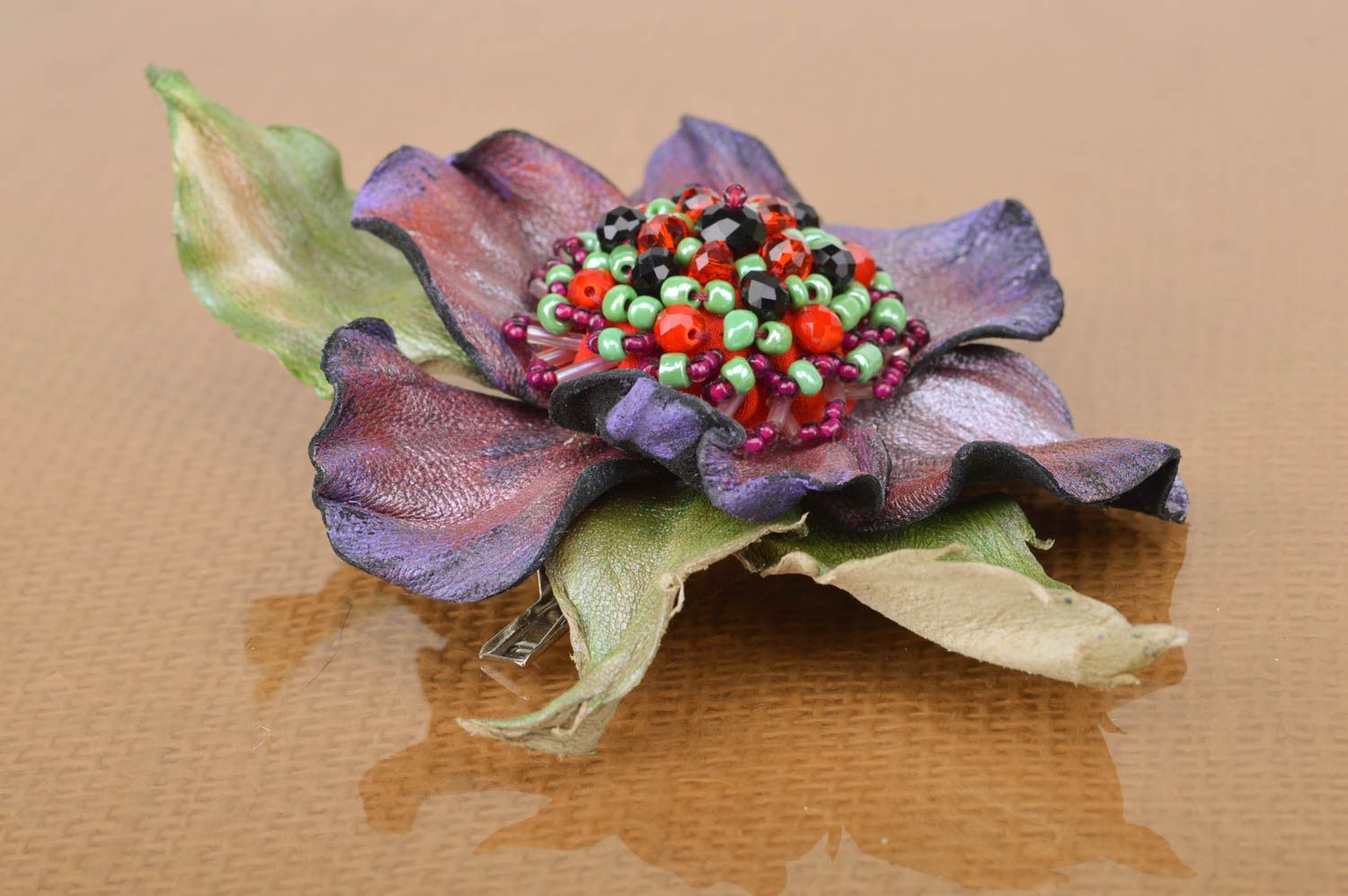 Handmade leather brooch hairpin Purple Flower with beads stylish accessory photo 5