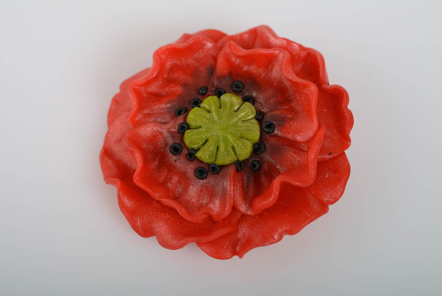 Handmade brooch made of polymer clay beautiful red poppy designer accessory photo 1