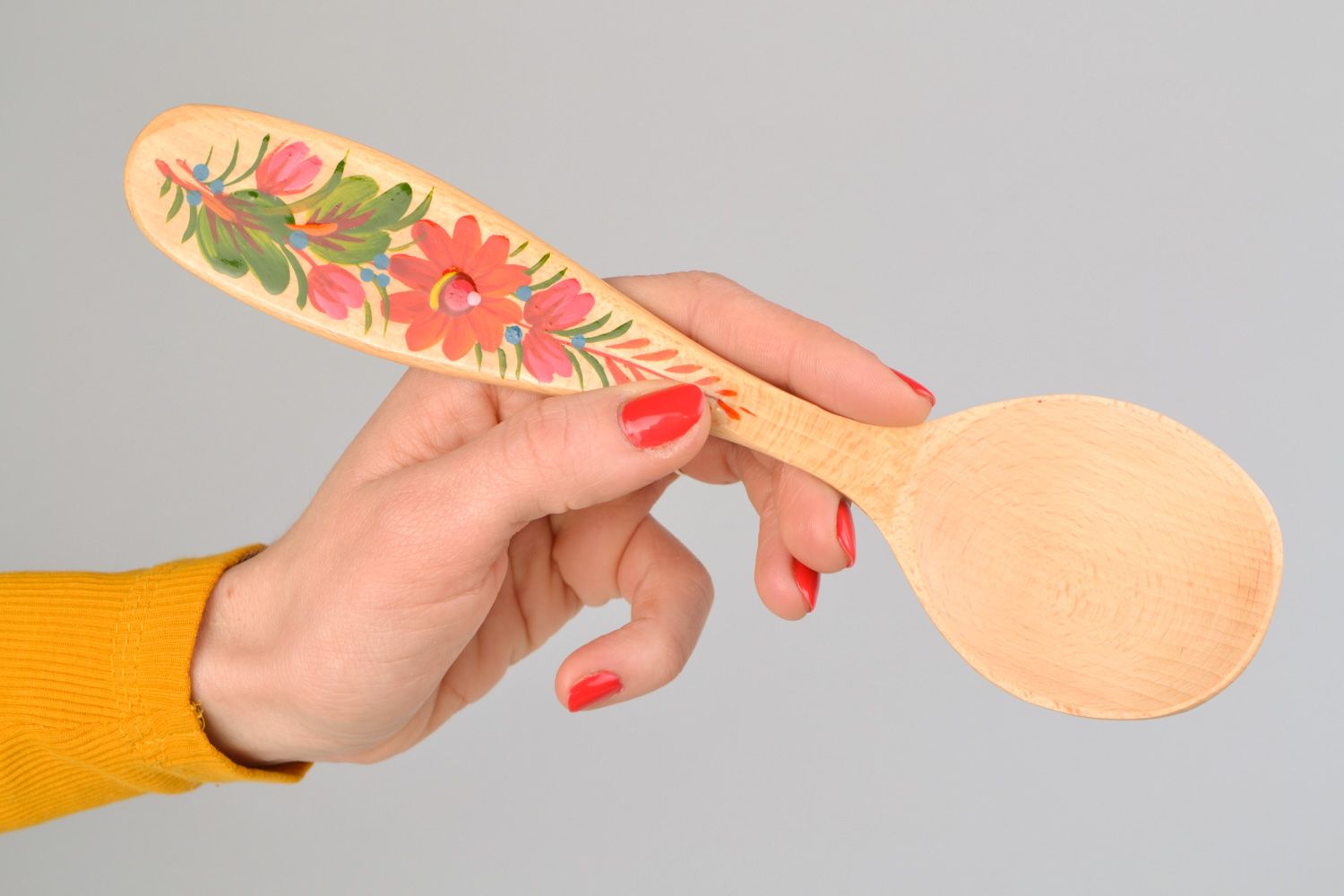 Handmade decorative wood carved spoon painted with oils in Petrikivka style photo 2