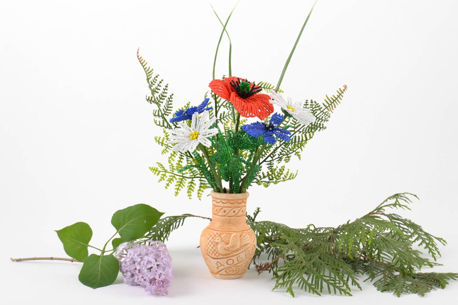 Dekorative Blumen aus Glasperlen im Topf Handmade Schmuck für Interieur Feldblumen foto 1